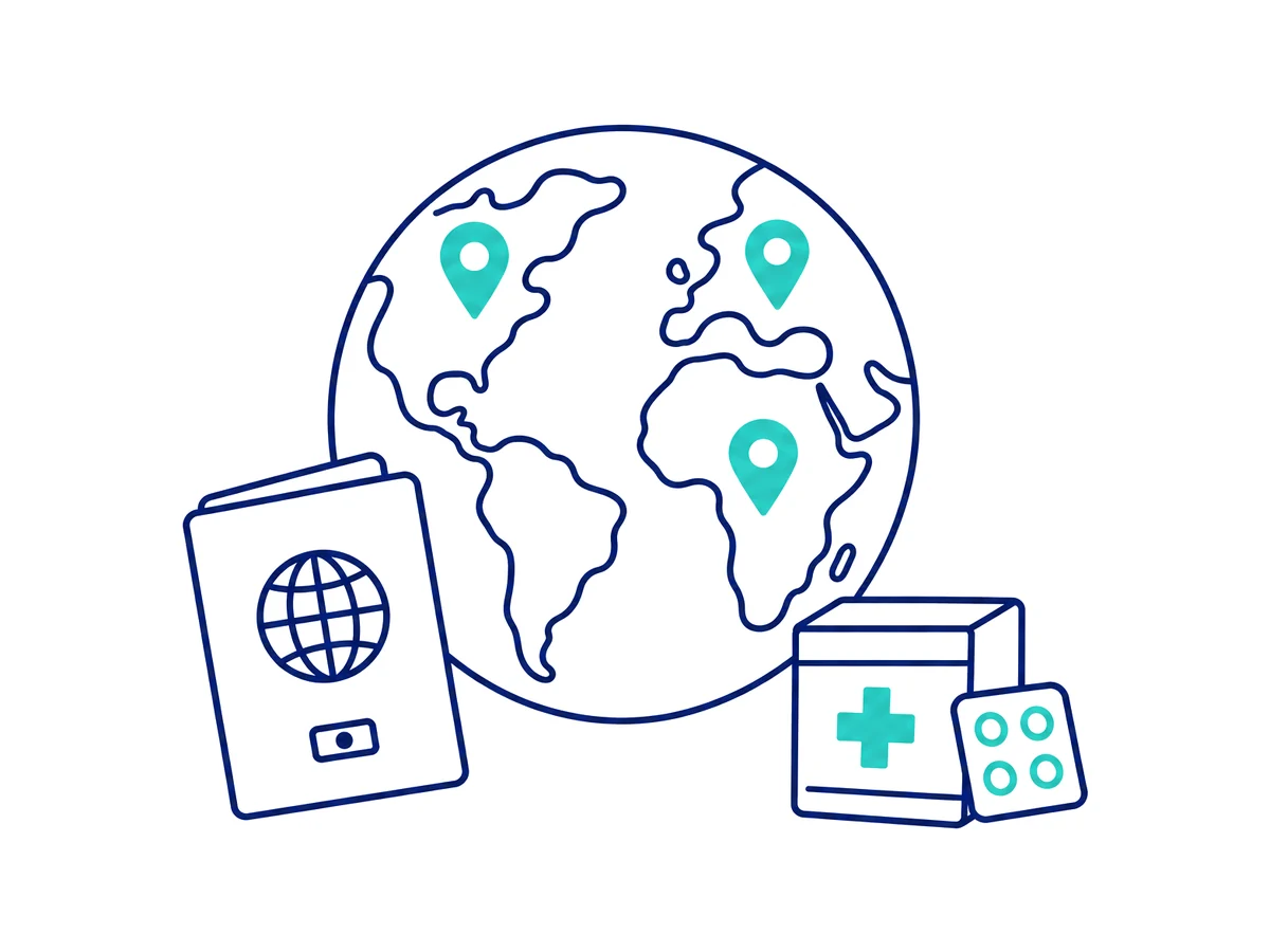 Line illustration of a globe with location pins, a passport and a medicine box