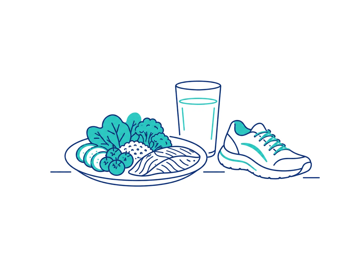 Line illustration of a plate of vegetables and fish, a glass of water and a running shoe