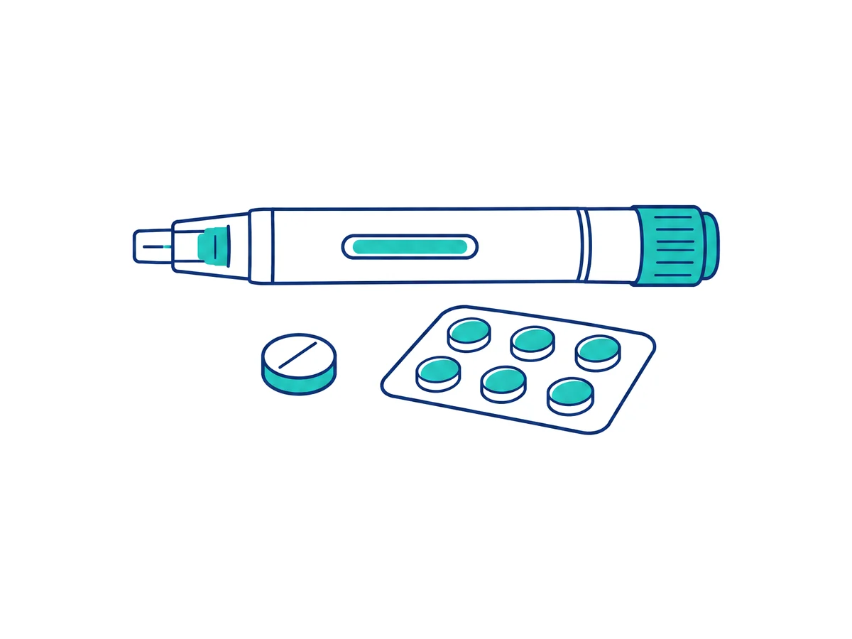 Line illustration of an injection pen beside a tablet and a blister strip