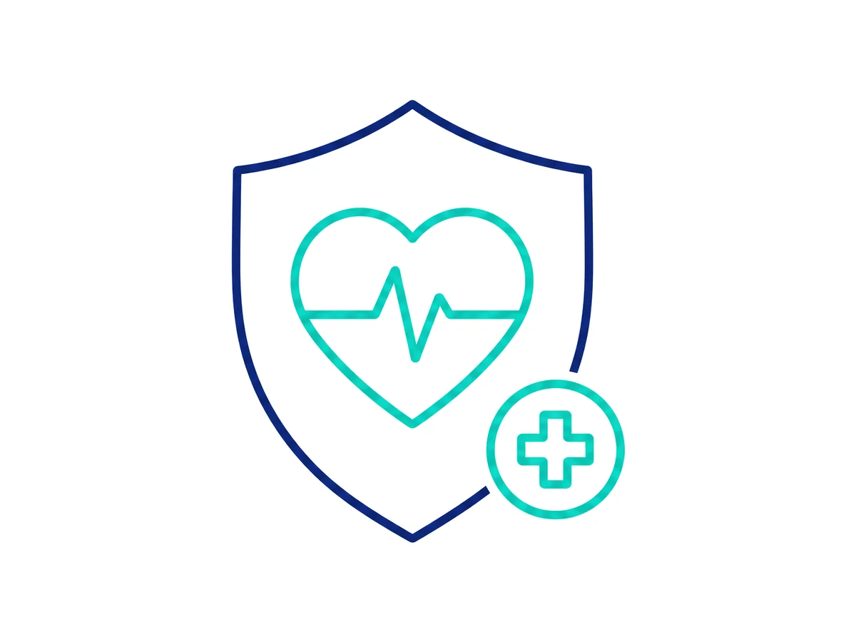 Line illustration of a shield holding a heart with a pulse line